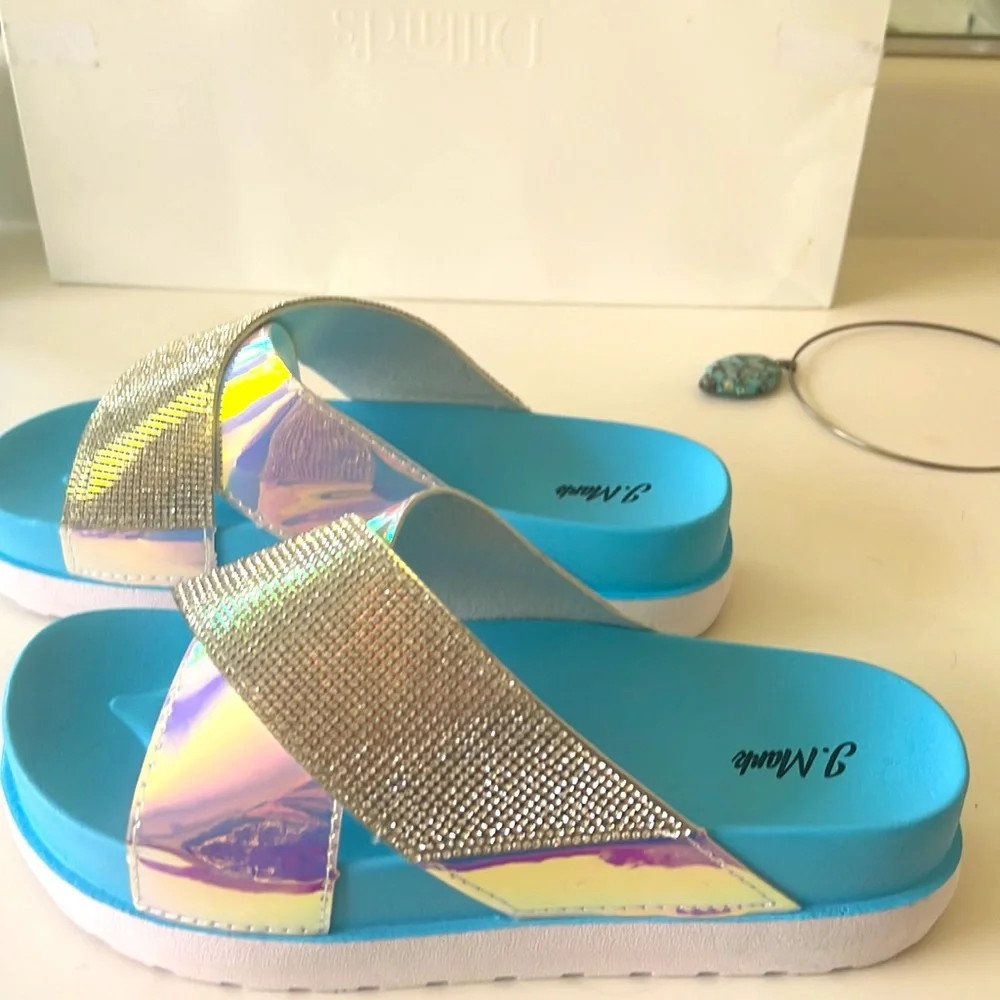J. Mark New Turquoise Sandals, Crystal covered and Iridescent Straps. Size 9 - Picture 6 of 9